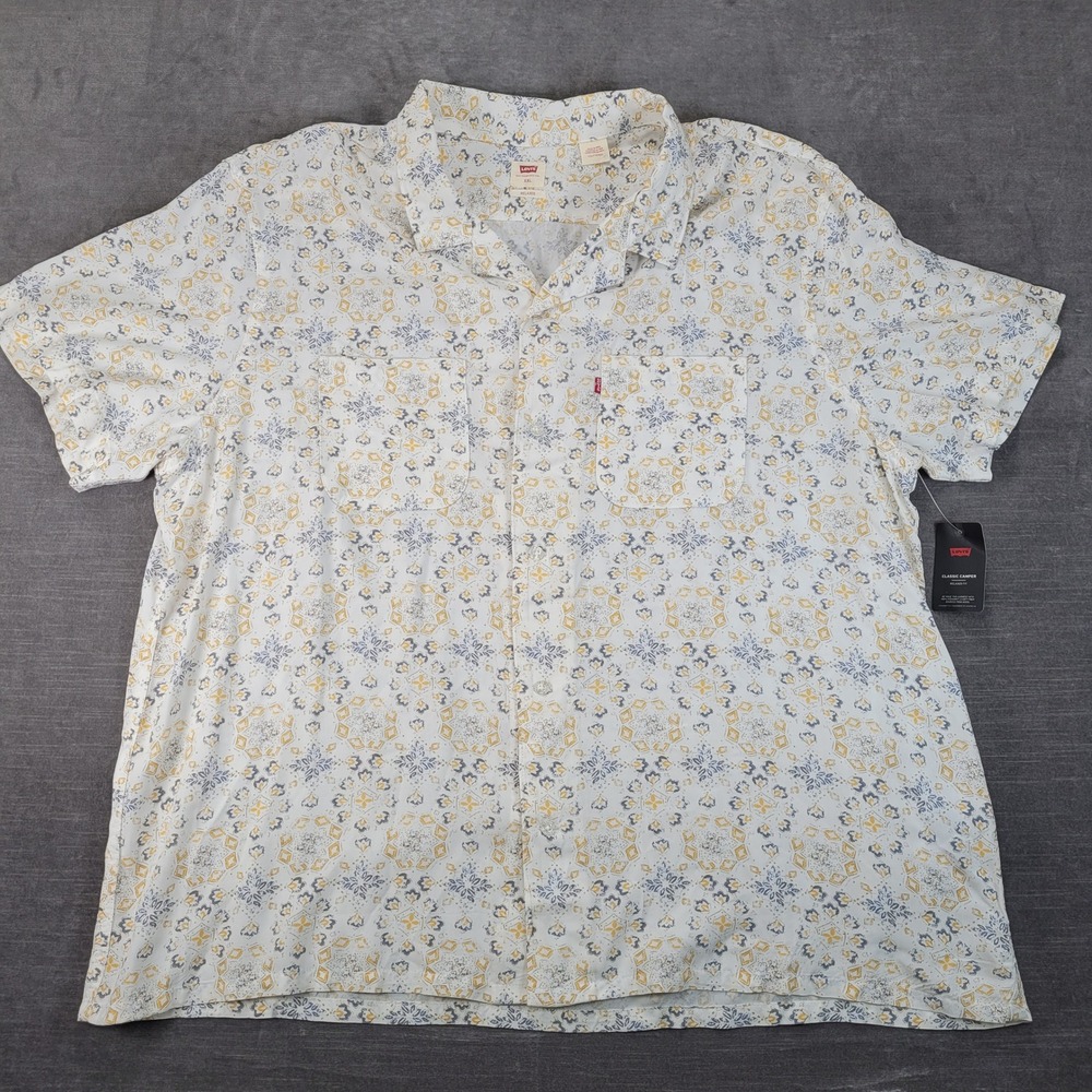 Levis Mens Classic Camper Relaxed Fit Short Sleeve Shirt XXL‎ White Blue Yellow